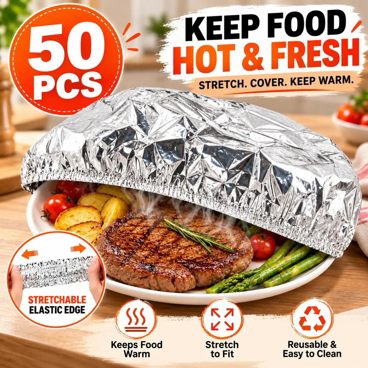 50 PCS Elastic Aluminum Foil Food Covers, Stretchable Thermal Bowl and Plate Covers for Keeping Food Warm & Fresh, Reusable Heat-Retaining Covers Fit 4–11 Inch Dishes