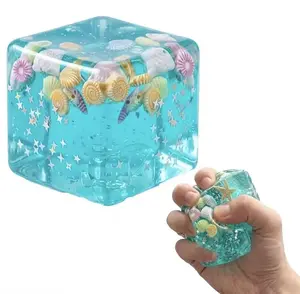 Ocean Squishy Cube, Slow Rising Clear Gel Fidget Toy with Multi Sea Charms