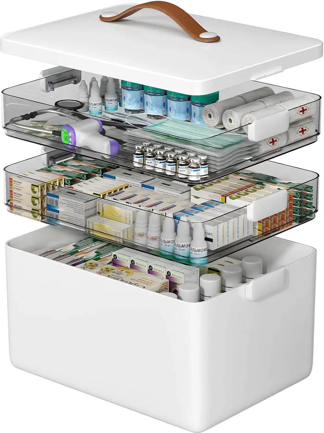 3-Tier Medicine Organizer - Portable Medicine Cabinet with Leather Handle, Empty First Aid Kit for Home