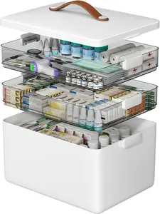 3-Tier Medicine Organizer - Portable Medicine Cabinet with Leather Handle, Empty First Aid Kit for Home