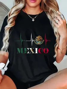 100% Cotton Unisex Heartbeat EKG Pulse Mexico Emblem Mexico Flag Mexican Pride T-Shirt