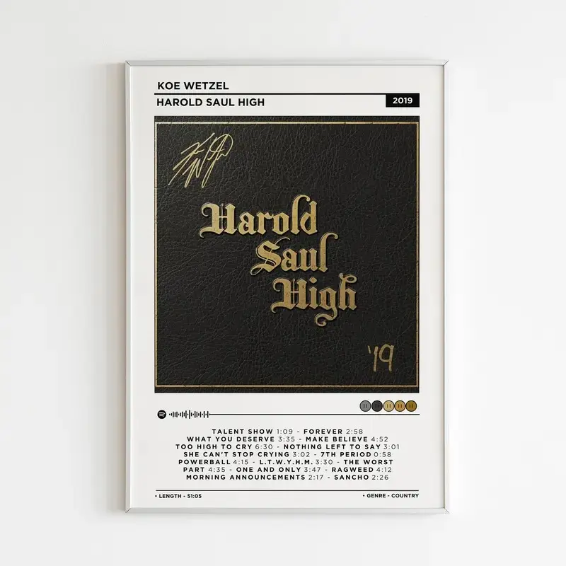 Vintage Koe Wetzel Harold Saul High Album Poster | Aesthetic Country Music Wall Art | Premium Matte Print Minimalist Tracklist Poster Decor for College Dorm Room & Music Fans Gift