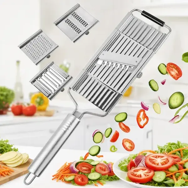 Heavy-Duty 4-in-1 Stainless Steel Vegetable Slicer with Interchangeable 4-in-1 Blade, Dishwasher Safe Multi-Purpose Kitchen Chopper for Julienne, Grating, Slicing - Ideal for Meal Prep (Vegetables, Fruits, Cheese, Salads)