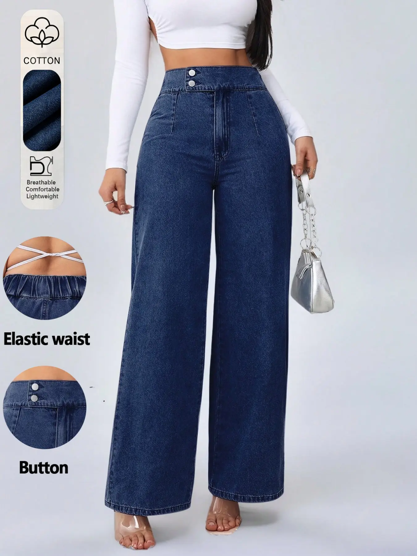 Women's Elastic Waist Mid-Waist Wide Leg Straight Casual Comfy Denim Jeans, Pants, Trouser, Womenswear, Dual Row Button Design, Casual All-Season Wear, Commute and Shopping