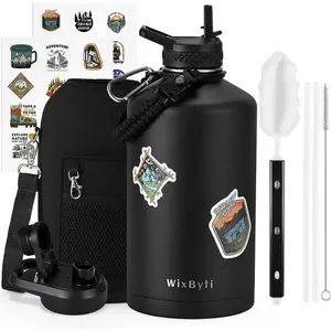 One Gallon Insulated Water Bottle, Triple-Wall Vacuum Insulation Keeps Cold for 48 Hours, Leak-Proof & BPA-Free, 128 oz Large Sports Stainless Steel Jug with Paracord Handle, Straw Spout, Lids & DIY Stickers Drinkware Flasks Bottled Tumbler Black