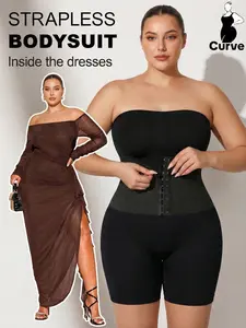 Women's Plus Size Seamless Design Shapewear Jumpsuit, Adjustable Waist Buckle, Strapless Crop Top, Tight-Fitting Smooth Belly Control, All Seasons, Underwear, Womenswear