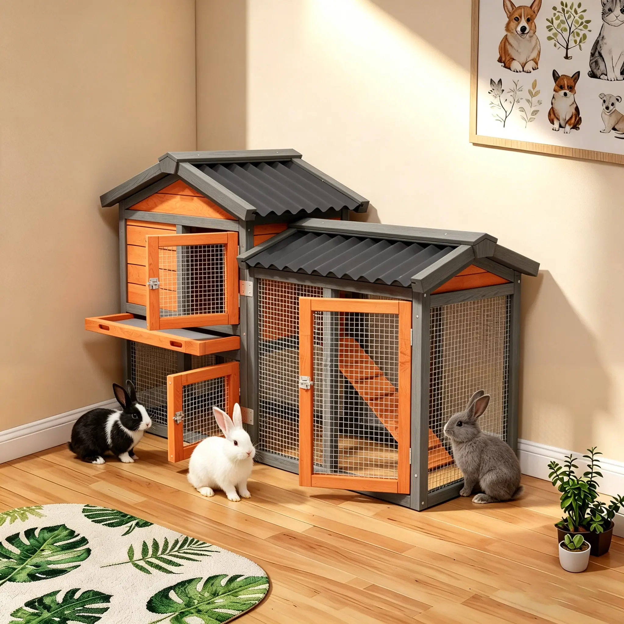 Outdoor Wooden Rabbit Hutch with Run, Indoor Bunny Cage with Tray,Orange