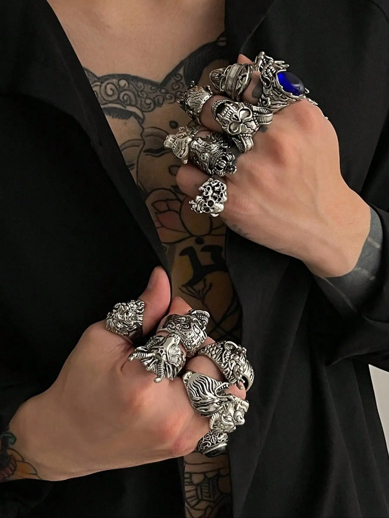 16 Piece Stylish Fashionable Geometric Metal Rings, Dark Aesthetic Rings, Non-Adjustable Rings for Men, Punk Style Ring, Hip Hop Punk Jewelry Collection