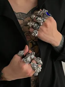 16 Piece Stylish Fashionable Geometric Metal Rings, Dark Aesthetic Rings, Non-Adjustable Rings for Men, Punk Style Ring, Hip Hop Punk Jewelry Collection