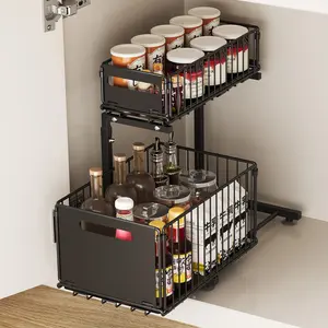 Pull Out Cabinet Organizer, 2 Tier Under Sink Organizer, Kitchen Bathroom and Storage with Sliding Drawer for Kitchen Bathroom Pantry Closet Organization Rack Black