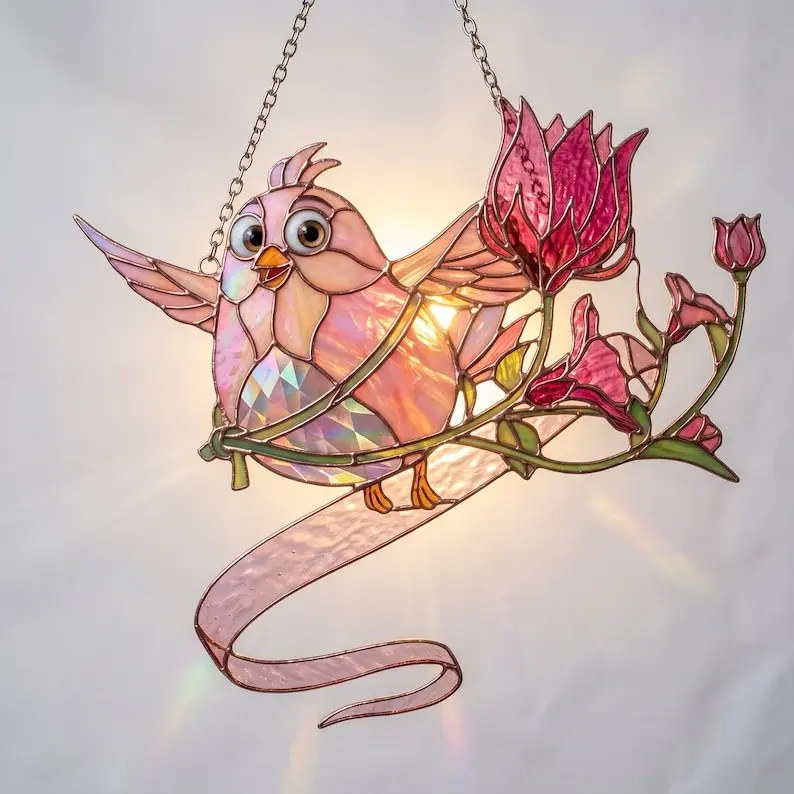 Cute Pink Bird & Tulip Floral Wreath Suncatcher, Whimsical Cottagecore Garden Window Hanging Decor, Premium Iridescent Acrylic Stained Glass Ornament, Perfect Mother's Day Gift