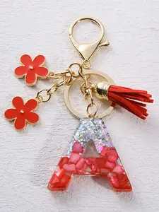 Women's Fashion Shell Stone Resin Keychain, 26 Letter Floral Tassel Keyring, Car Key Holder, Wallet Handbag Backpack Charm, Stylish Keychain