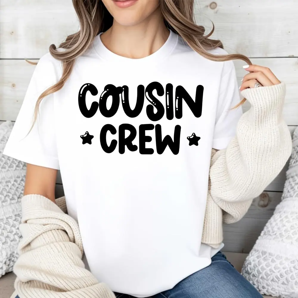 Cousin Crew Star Print Graphic T-Shirt, Family Reunion Matching Group Tee, Casual Daily Wear Summer Vacation Outfit