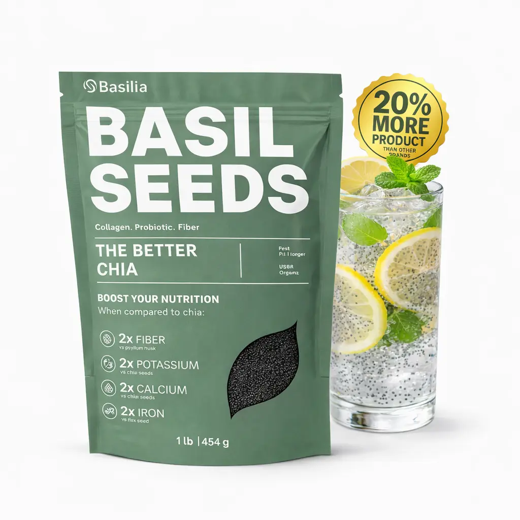 Basilia Basil Seeds for Eating | The Original Loaded Water | 2x More Fiber than Chia | Nutrition-Packed Edible Basil Seeds Superfood for Breakfast, Smoothies & Drinks | Keto Friendly & Gluten Free | 1lb Bag