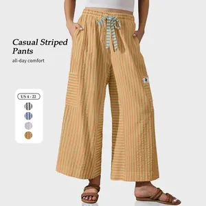 【SS26 Collection】TARSE Women’s Baggy Striped Wide Leg Pants Trendy Drawstring Basic Casual Boho Palazzo Pants Loose Minimalist Beach Trousers With Pockets