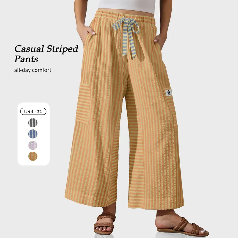【SS26 Collection】TARSE Women’s Baggy Striped Wide Leg Pants Trendy Drawstring Basic Casual Boho Palazzo Pants Loose Minimalist Beach Trousers With Pockets