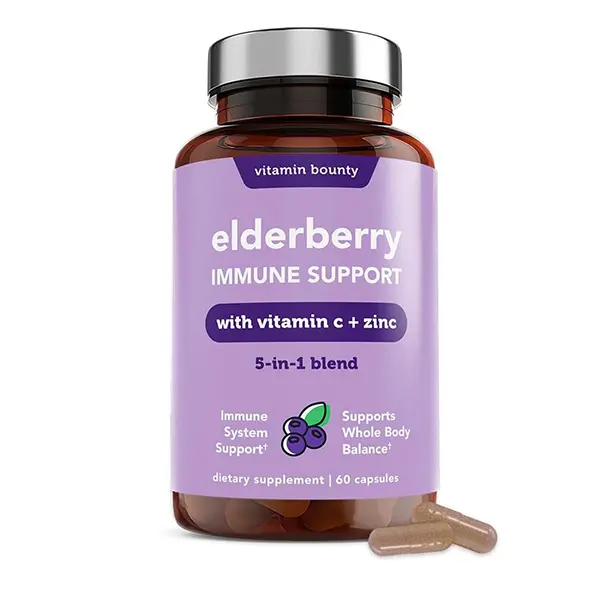 Organic Elderberry Capsules for Adults, 5-in-1 Immune Support Formula with Vitamin C, Zinc & Echinacea, Supports Immune Health, Antioxidant Defense & Seasonal Wellness, Non-GMO, 60 Capsules