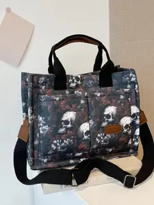 Fashionable and personalized design skull pattern multi pocket tote bag, unisex Halloween daily single shoulder tote bag, Crossbody tote bag