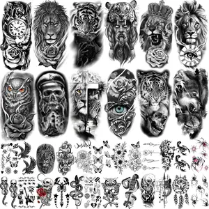 Teens 36 Sheets Large Black Arm Temporary Tattoos For Men Forearm Women Thigh, Half Sleeve Animals Lion Tiger Wolf Temp Tattoo Stickers Adults, Death Skull Compass Flower Fake Tattoos That Look Real Durable  Teens