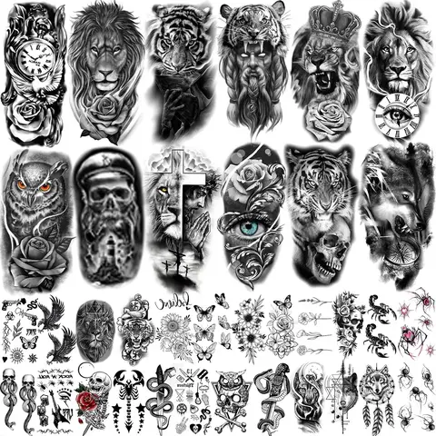 Teens 36 Sheets Large Black Arm Temporary Tattoos For Men Forearm Women Thigh, Half Sleeve Animals Lion Tiger Wolf Temp Tattoo Stickers Adults, Death Skull Compass Flower Fake Tattoos That Look Real Durable  Teens
