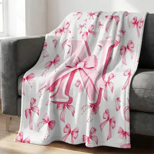 Cute Bow Letter N-Z Throw Blanket, Pink Bow Print White Flannel Blanket, Soft Plush Sofa Bed Cover, American College Style Bedroom Decor, All Seasons Lightweight Warm Nap Blanket