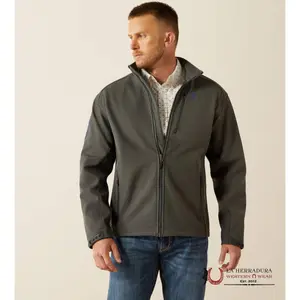 Ariat Logo 2.0 Softshell Charcoal Heather Jacket for Men Fitted Long Sleeve Casual All Seasons Coats with Zippered Pocket Adjustable Straps Wind Water Resistant Fabric Menswear