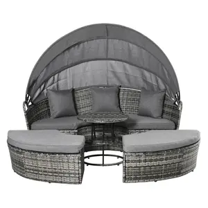 4 Piece Round Rattan Daybed Wicker Sunbed With Retractable Canopy And Removable Cushion Covers For Balcony Or Lawn Each Seat Holds 352 Lbs