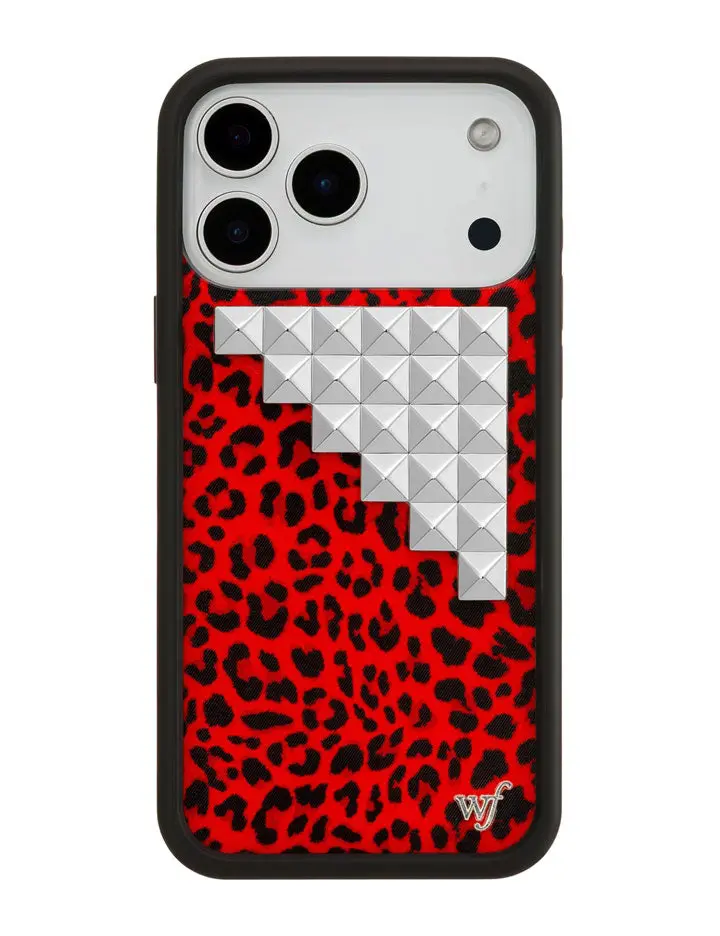 Red Meow Studs | Limited Edition Trendy Collab iPhone Case | Raised Protective Black Bumper | Women Owned Small Business | Vibrant Red and Black Leopard Print Silver Studs | Safety Casing Protective | Gift for Her Rubber Cellphone