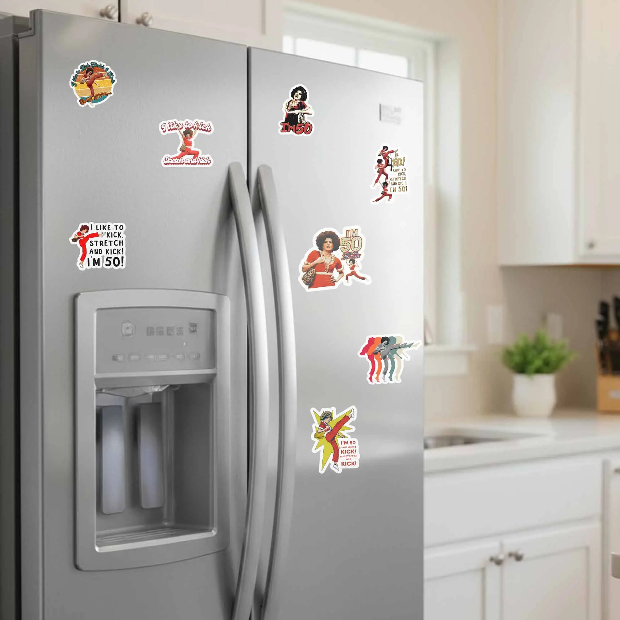 Sally O'Malley I'm 50 Yrs Old I Like To Kick Stretch And Kick Combo Stickers, Laptop Decor, Office Desk Decorate, Tumbler Decor Stickers, Holiday Gift
