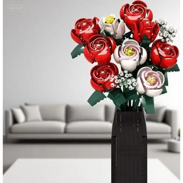 DIY Artificial Flower Arrangement Kit with Vase - Fake Silk Flowers Ornaments, Easy-Assembly Faux Roses Centerpiece for Home Office Farmhouse Sink Ledge Decor, Reusable Floral Display for Valentine Wedding, Flower Design