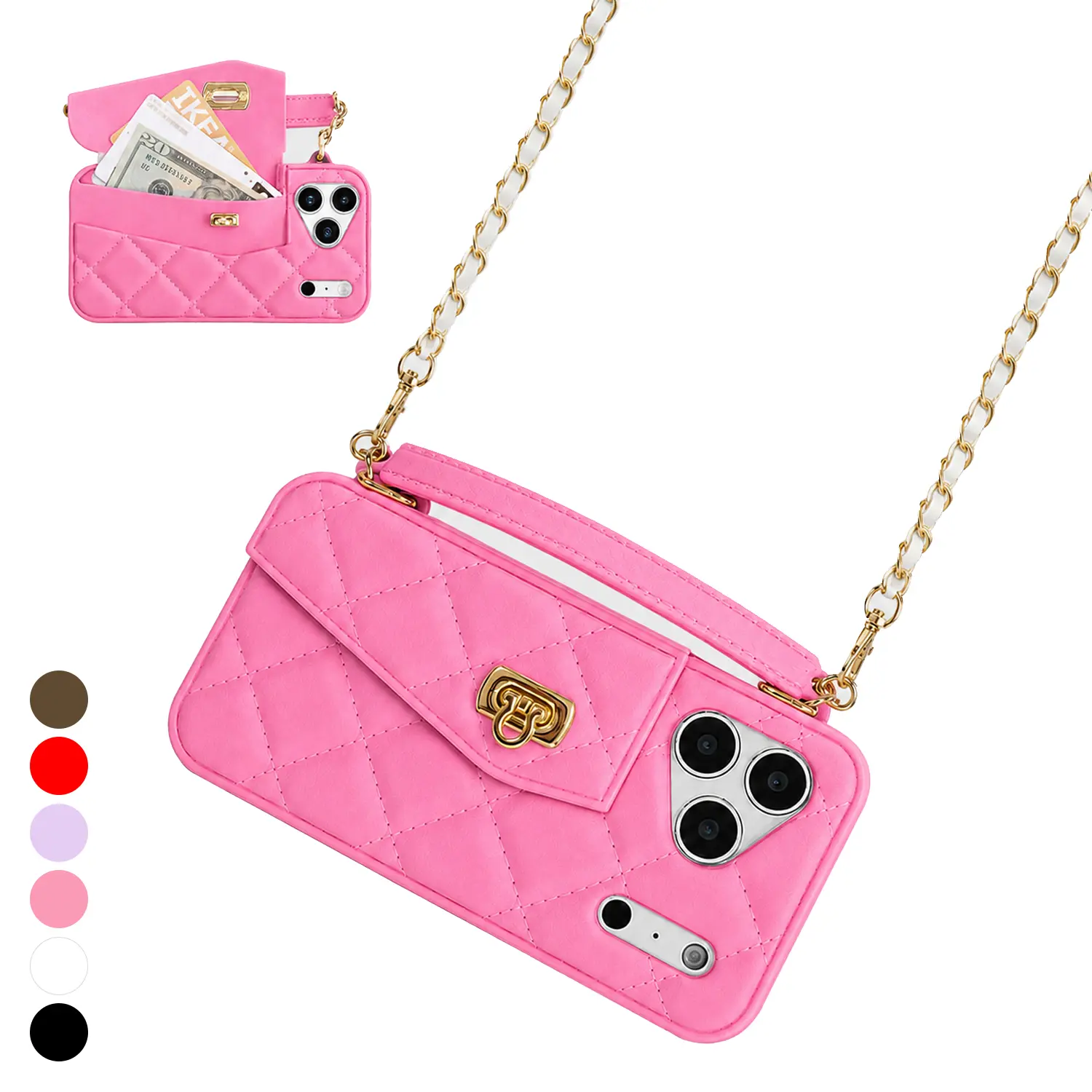 Luxury Quilted Crossbody Wallet Phone Case for iPhone 17 Pro Pro Max 16/15/14/13/12/11 Pro Pro Max Plus | Card Holder Purse Phone Cover With Detachable Chain & Hand Strap, Phone Case for Women Girl