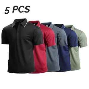 Men's 5 PCS Contrast Panel & Collar Polo Shirts Set: Single-Button Design Short-Sleeve Casual & Active Tops