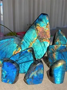 1pc Labradorite Free Form Stone - Bohemian Style Natural Blue & Golden Marbled Flash Crystal Decor, Polished Oval Tabletop Decor for Home Office Coffee Room, Unique Holiday Gift for Christmas Thanksgiving Halloween, Office Decoration, Unique Crystals