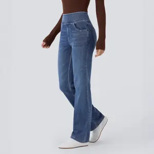 High Waist Straight Leg Jeans for Women, Stretchy Slim Fit Trousers with Flowy Drape, Casual Elastic Denim Pants