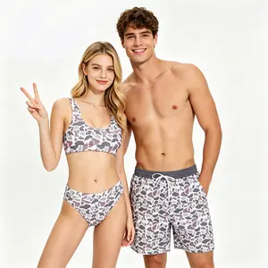 Women's Sleeveless Old-School Camo Couple Swimwear Set - High-Waisted Lady's Bikini, Quick-Dry Swim Trunks with Pockets, Gray Camouflage Outfit for Fit Couples (Swimsuit for Women)