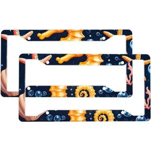 Ocean Seahorse Shell Starfish License Plate Frames for Women Men 2 Pack Universal Aluminum Car License Plate Cover Holders with 2 Holes and Screws Car Accessories Decorative ﻿
