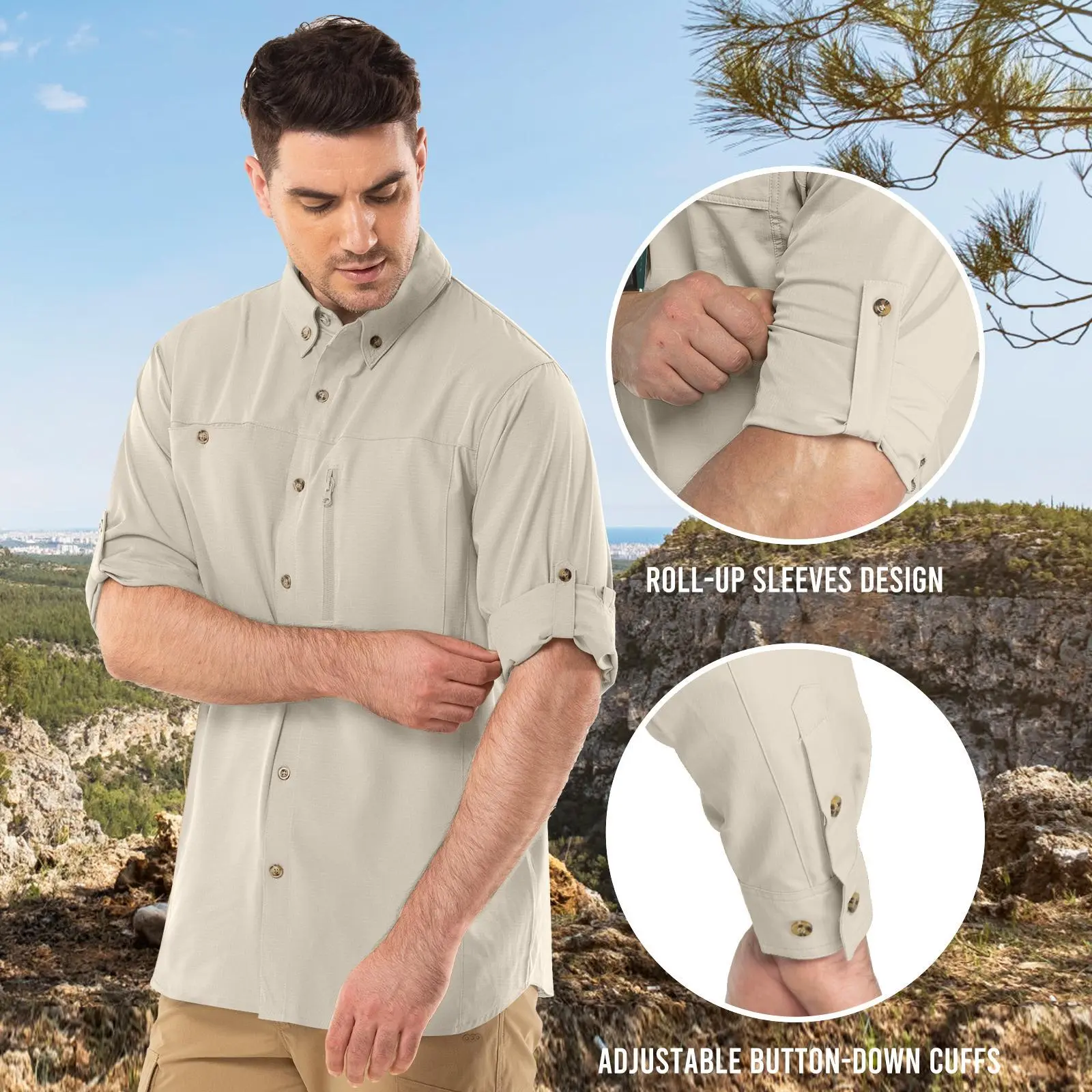 Outdoor Ventures Men's Athletic Long Sleeve Button Hiking Activewear Shirt - UPF 50 UV-Protective, Lightweight Breathable, Cooling Quick Dry, Zipper Pockets for Hiking, Biking