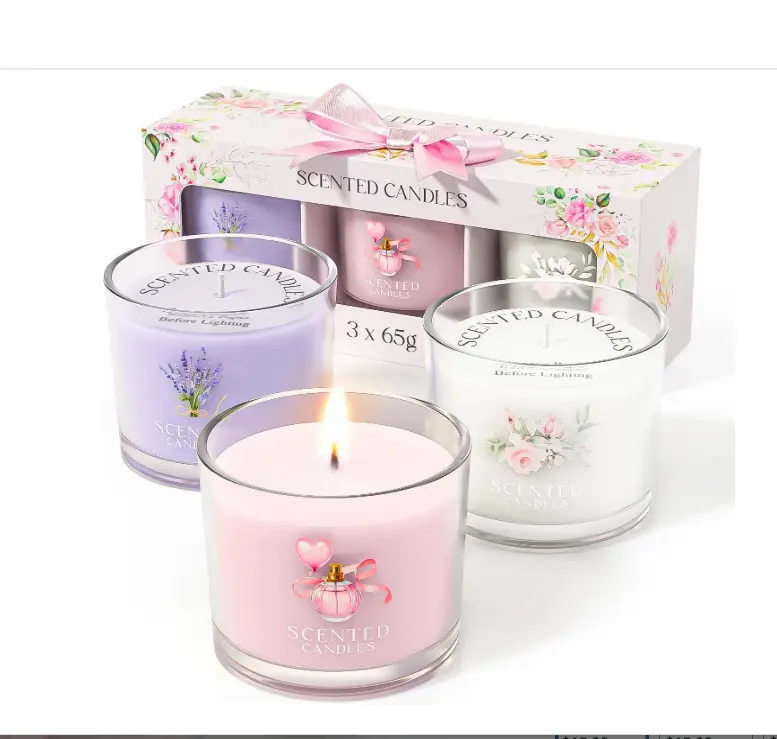 Scented Candles, Scented Candle Gift Set for Stress Relief, 3 Votive Candles for Women and Men, Birthday Candle Gifts for Women, Christmas Candles for Women (Pink + Purple + White, 7 oz)