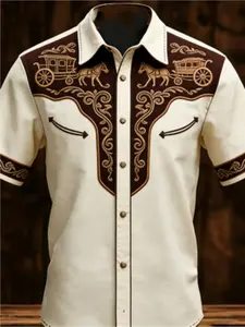 Men's Western Retro Stagecoach & Horse Embroidered Short Sleeve Shirt, Lapel Faux Denim Linen Texture Shirt, Vintage Patchwork Polyester Top, All-Season Outdoor Holiday Casual Shirt