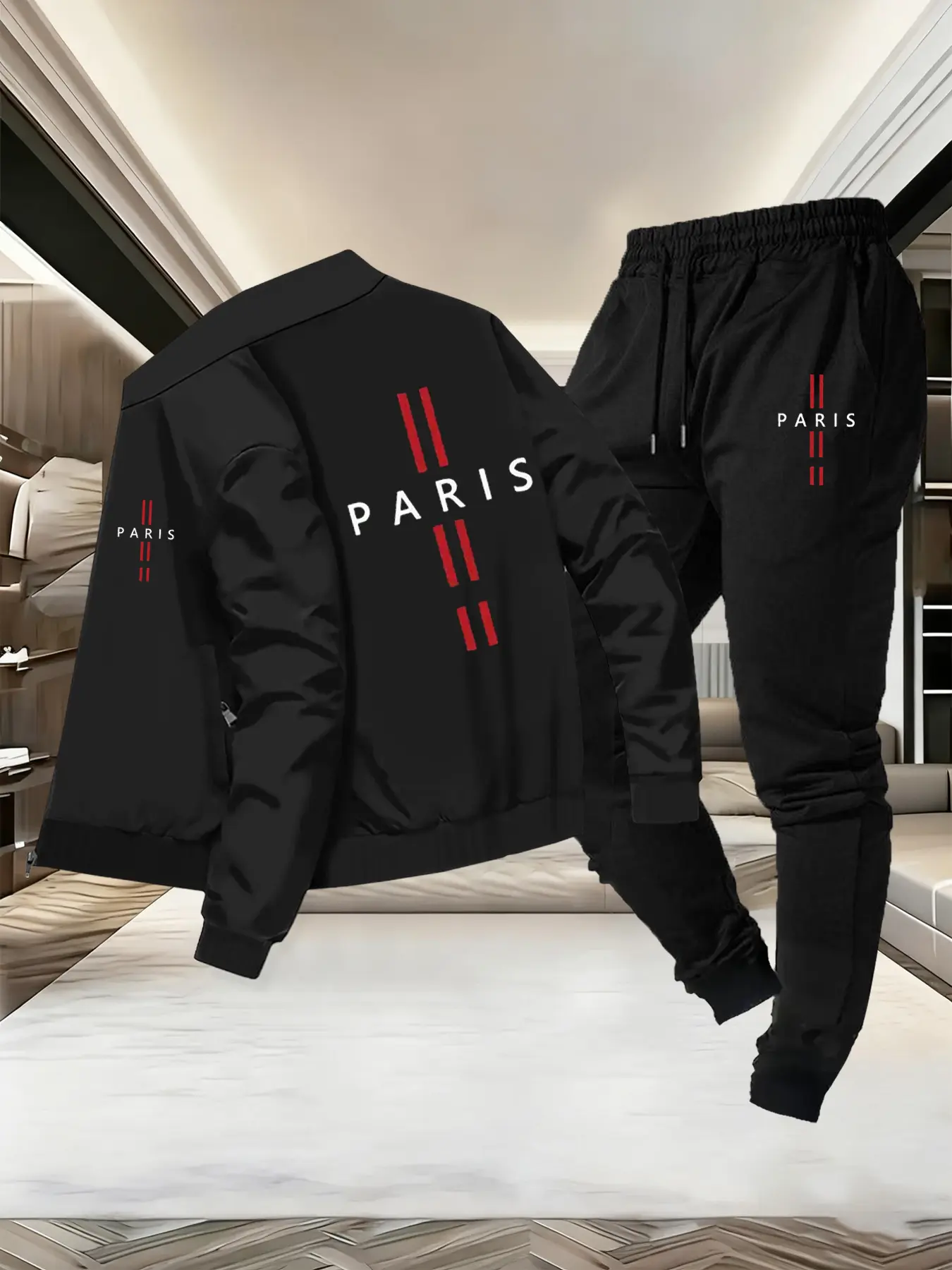 Men's Fall/winter Letter Pattern Jacket Set Outfit, Casual Long Sleeve Stand Collar, Fitted, Comfortable Drawstring Waist Pocket Design, Menswear