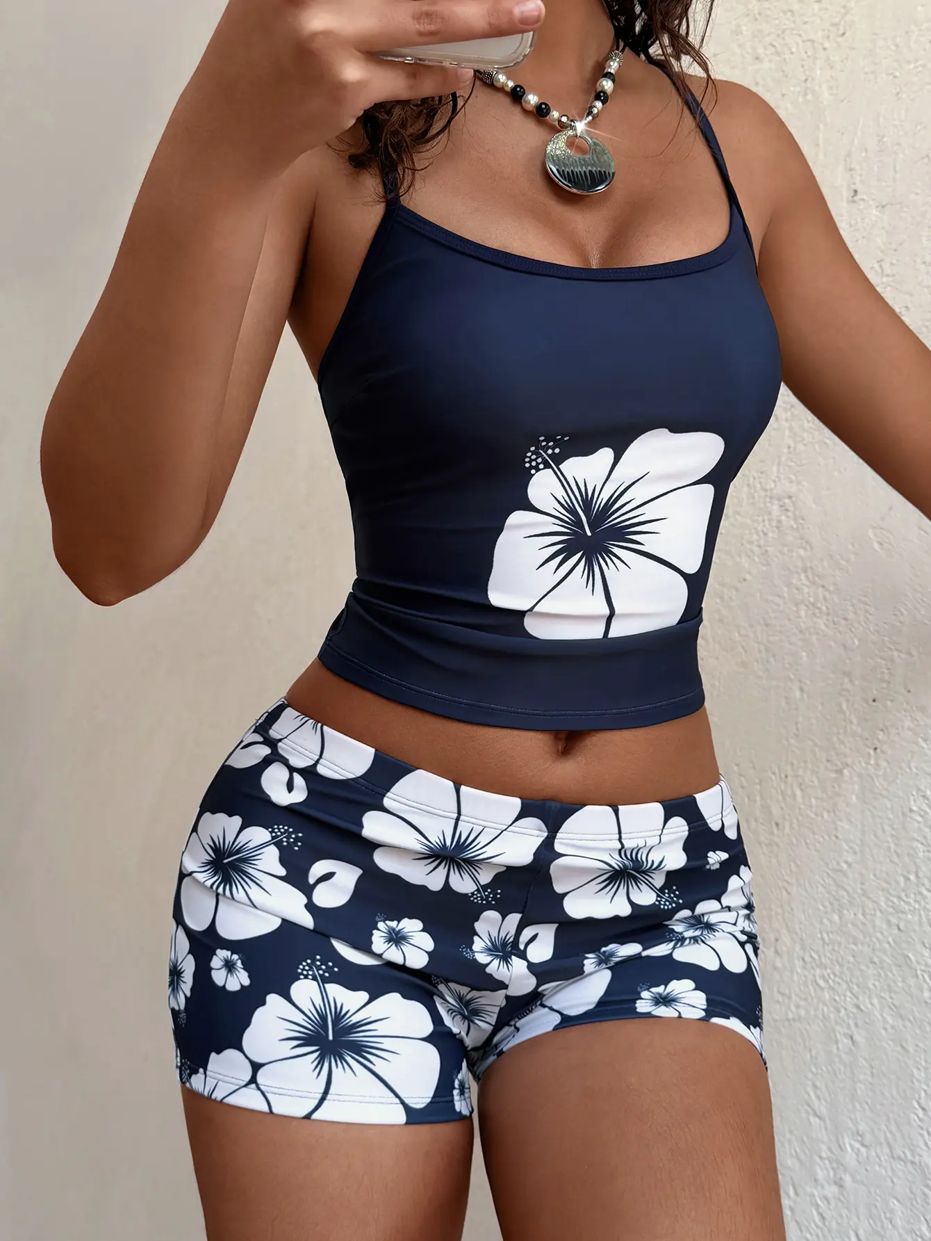 PEPPERMOLLY Women's 2-Piece Cami Tankini Bathing Suit Set - Navy Blue with White Hibiscus Print, High Waisted Boy Shorts, Beach & Water Sports Swimwear Bikinis (2 Piece Sets), Bathing Suit Women Set