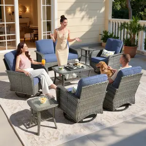 【Summer Vibes】OVIOS 8-Piece Outdoor Patio Furniture Set with Wicker Sofa, Swivel Chairs & Table, All-Weather Conversation Set with Cushions for Backyard Patio Porch Deck Garden Balcony Outdoor Seating Furniture