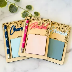 Personalized Notepad Holder & Pen Set Custom Engraved Desk Organizer Teacher Gift Office Decor Coworker Gift Boss Gift Beach Handcrafted Quality Wood Smooth Finish Fits Standard 3x3 Sticky Notes  Personalized Engraving Available