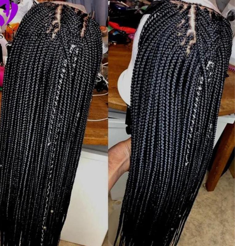 Black Box Braided Synthetic Hair Lace Front Wigs - Black, 13*4, 200% 32”Satin, Versatile for Casual and Formal Occasions