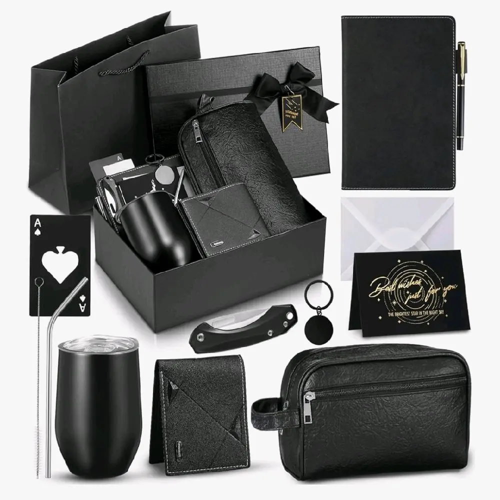13 Pcs Birthday Gifts for Men Thank You Gift Basket 12 oz Stainless Steel Tumbler Leather Toiletry Bag for Him Valentine's Day Present for Dad, Boyfriend, Husband, Brother