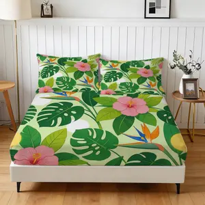 Tropical Floral Fitted Sheet Set, 3PCS Hawaiian Hibiscus Monstera Print, No Insert, Soft Bedding for Bedroom Guest Room, Perfect Gift