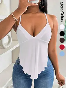 Women's Plain Lace Up Backless Asymmetrical Hem Cami Top, Casual Sleeveless V Neck Top for Summer, Ladies Clothes for Daily Wear