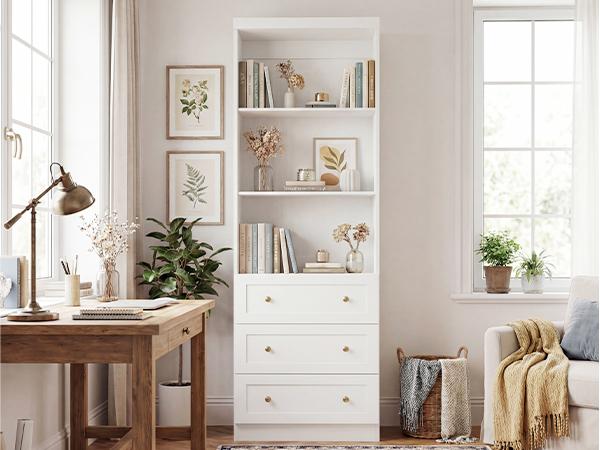 80"Tall Display Bookcase with 3 Wooden Drawers, 24'' W Adjustable Shelves Etagere Bookshelf for Living Room, Home Office, Modern Storage Cabinet