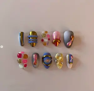 Chrome Candy Press On Nails | 3D Jelly Cubes, Metallic Drips & Sculpted Shapes in Gold, Pink & Blue | Futuristic Pop Art Nail Design Set