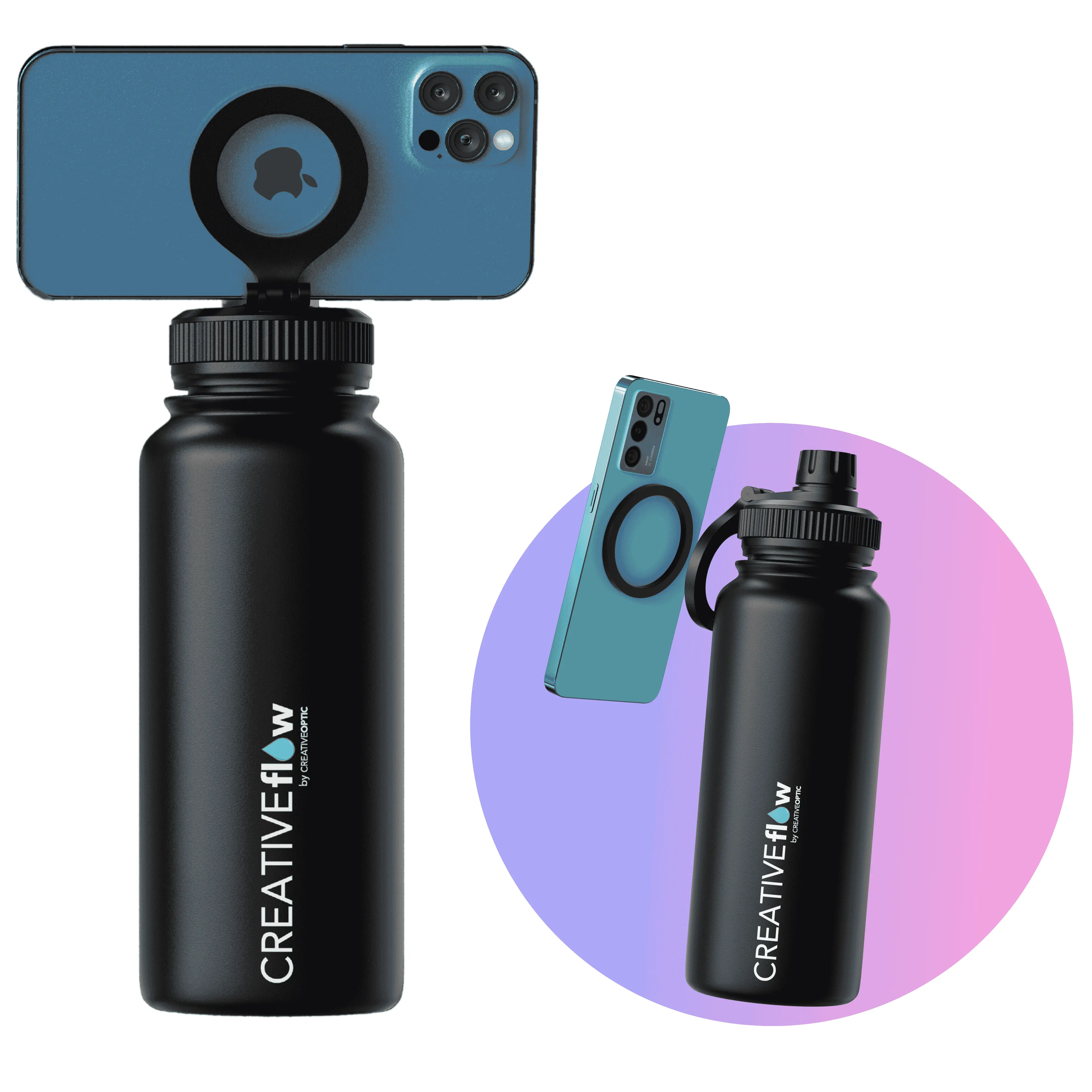 CreativeFlow MagSafe Water Bottle Tripod + Free Magnetic Booster Ring | 32oz Stainless Steel Magnetic Water Bottle with MagSafe Compatible Phone Mount